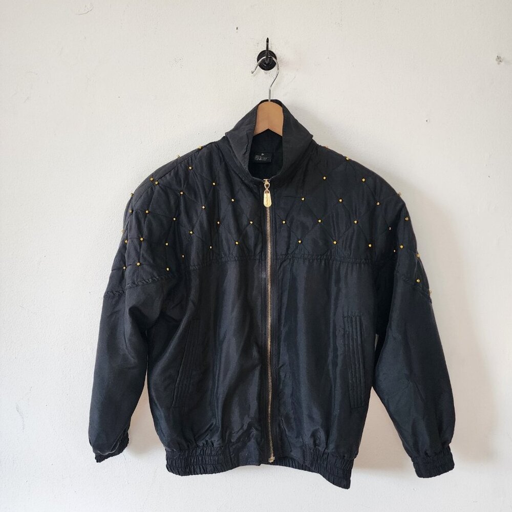 Womens 80s 90s Vintage Fuda International Black Gold Silk Windbreaker Medium